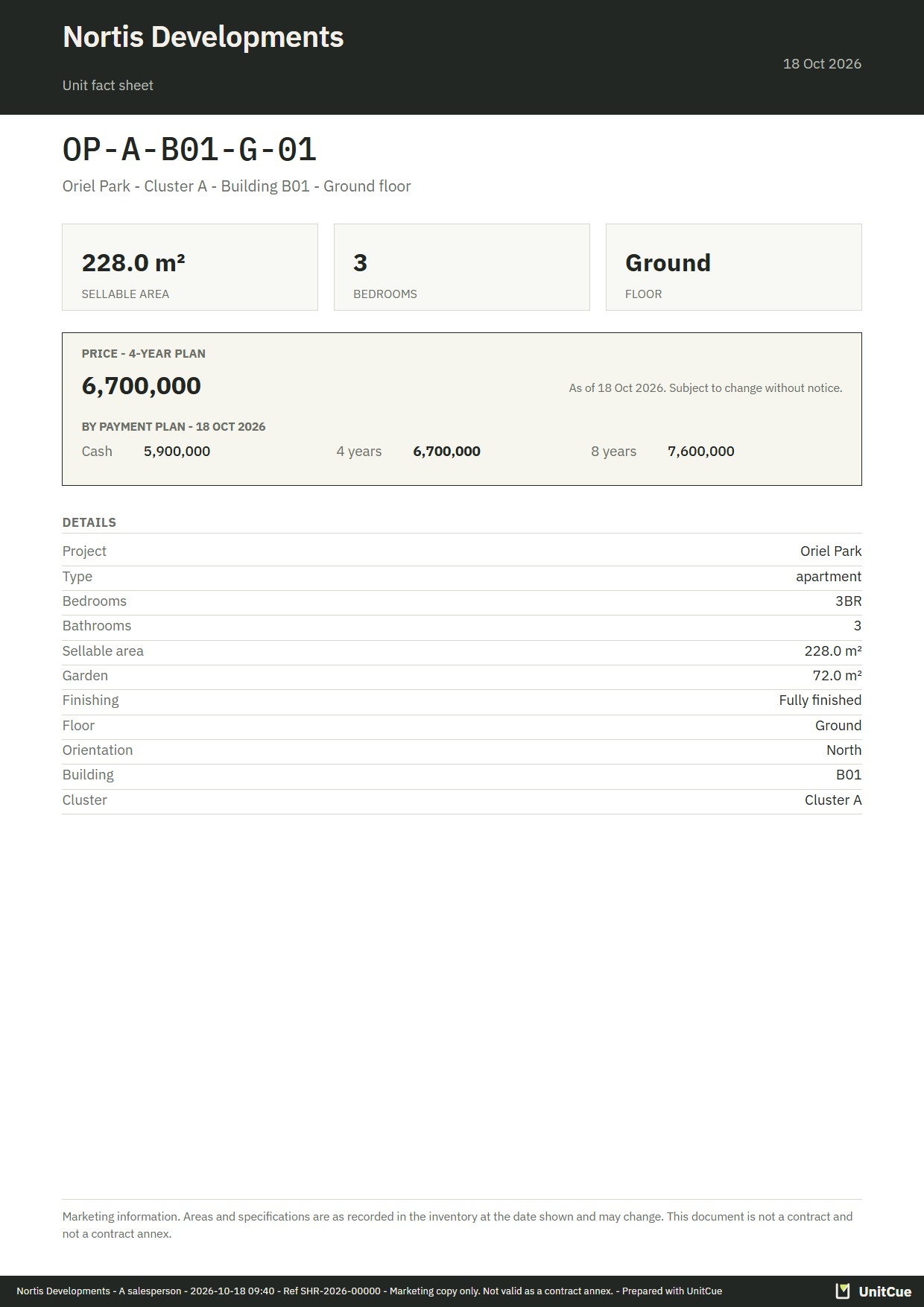 The fact sheet of OP-A-B01-G-01: Nortis Developments in the header, the unit’s plan, its areas and its payment plans with their date, who issued it and a reference. No status.