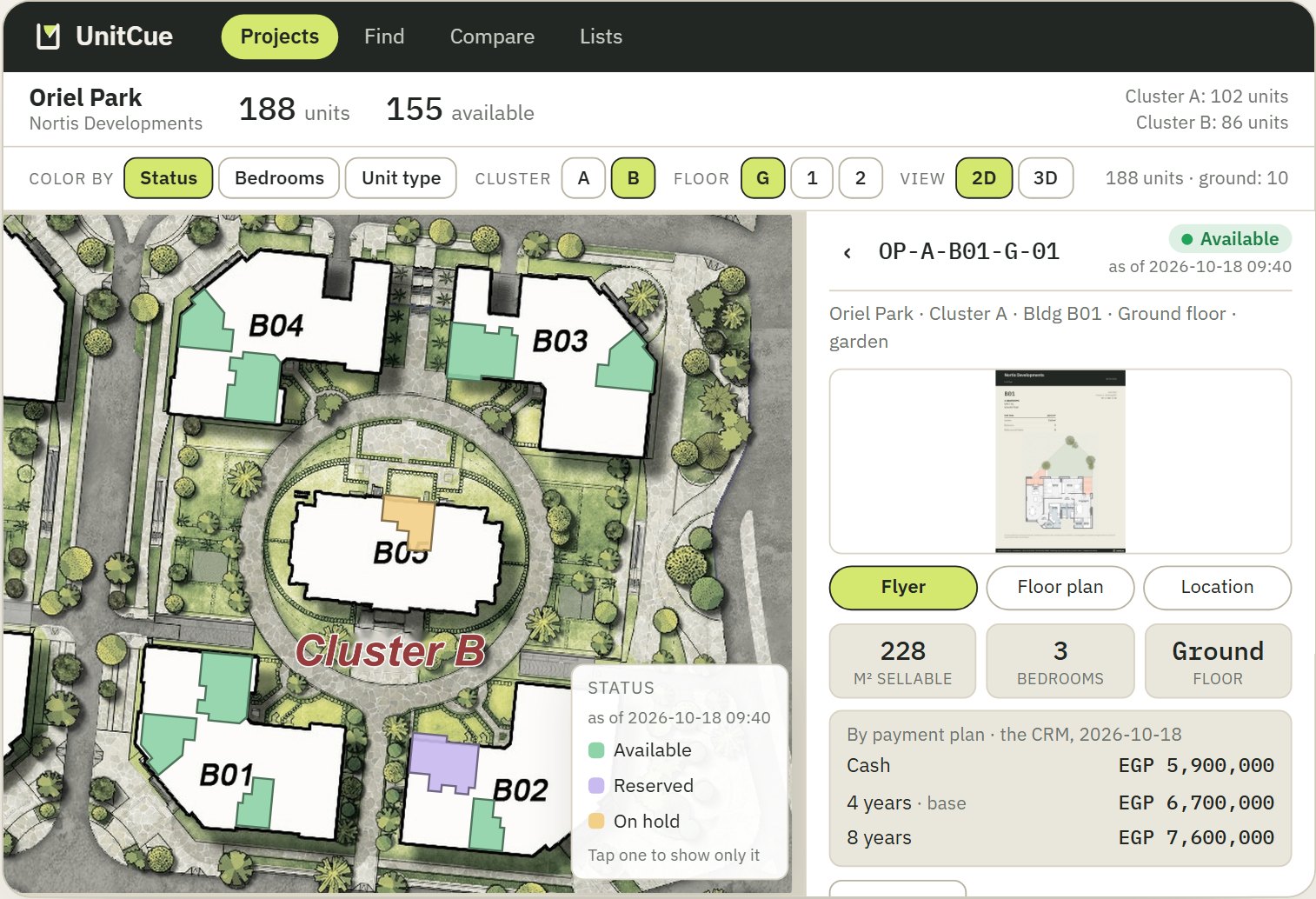 The project card over the map and the open unit: after Cluster B is released, the project counts every unit of both clusters and Cluster B’s units take their statuses on the master plan.